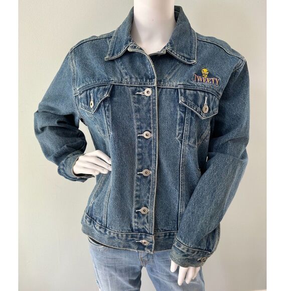 Vintage Y2k Looney Tunes Tweety Bird Jean Jacket Blue Denim size Large - Picture 2 of 13